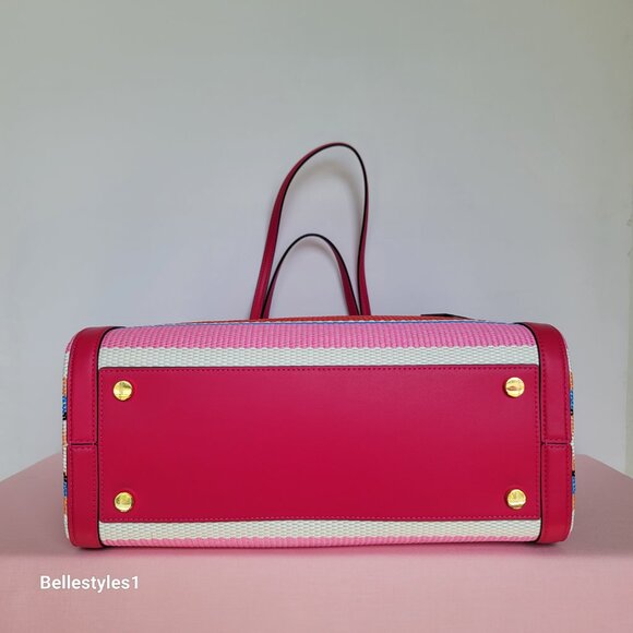 KATE SPADE Market Striped Woven Straw Medium Tote Bag-Wild Raspberry Multi ⭐ - Picture 10 of 16